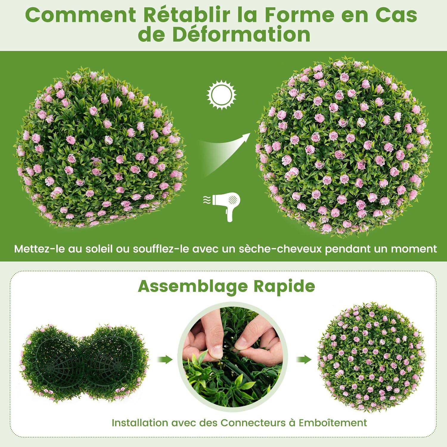 2 Boules Topiaires Artificielles 37 cm avec des Fleurs Rose, Plantes de Faux en Boules à Suspendre ou Poser, Sphère de Jardin Décoratives - Image 4