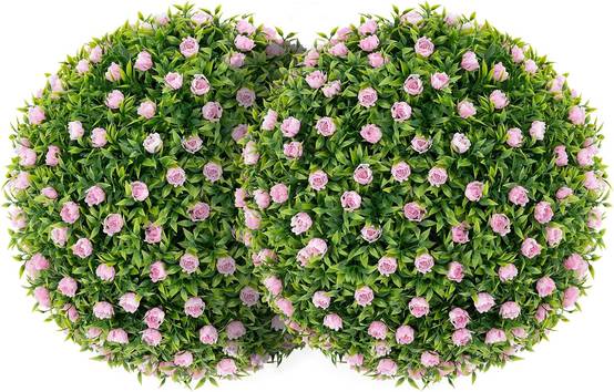 2 Boules Topiaires Artificielles 37 cm avec des Fleurs Rose, Plantes de Faux en Boules à Suspendre ou Poser, Sphère de Jardin Décoratives - Image 1
