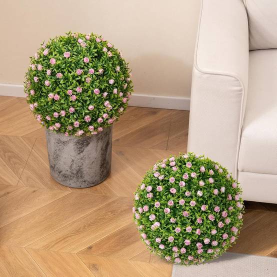 2 Boules Topiaires Artificielles 37 cm avec des Fleurs Rose, Plantes de Faux en Boules à Suspendre ou Poser, Sphère de Jardin Décoratives - Image 8