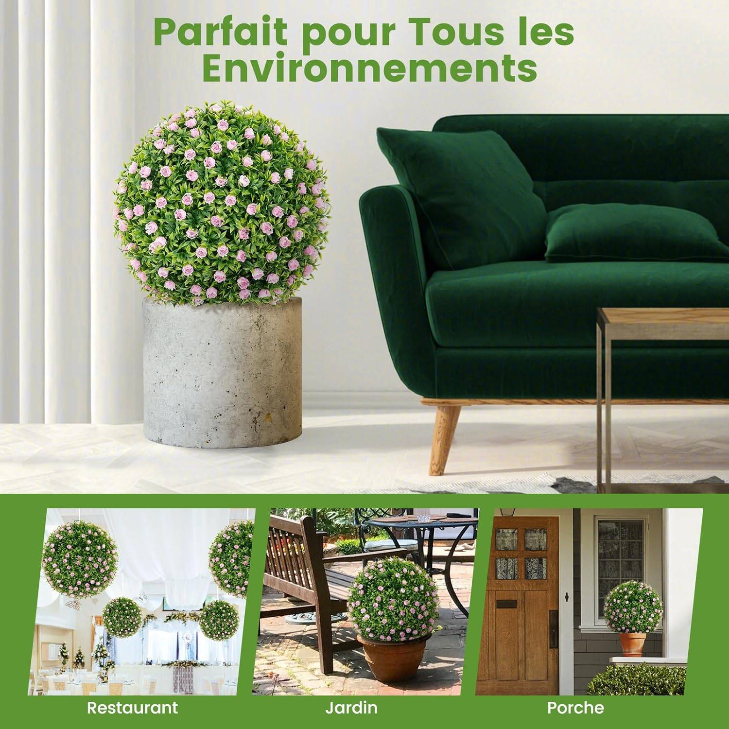 2 Boules Topiaires Artificielles 37 cm avec des Fleurs Rose, Plantes de Faux en Boules à Suspendre ou Poser, Sphère de Jardin Décoratives - Image 7