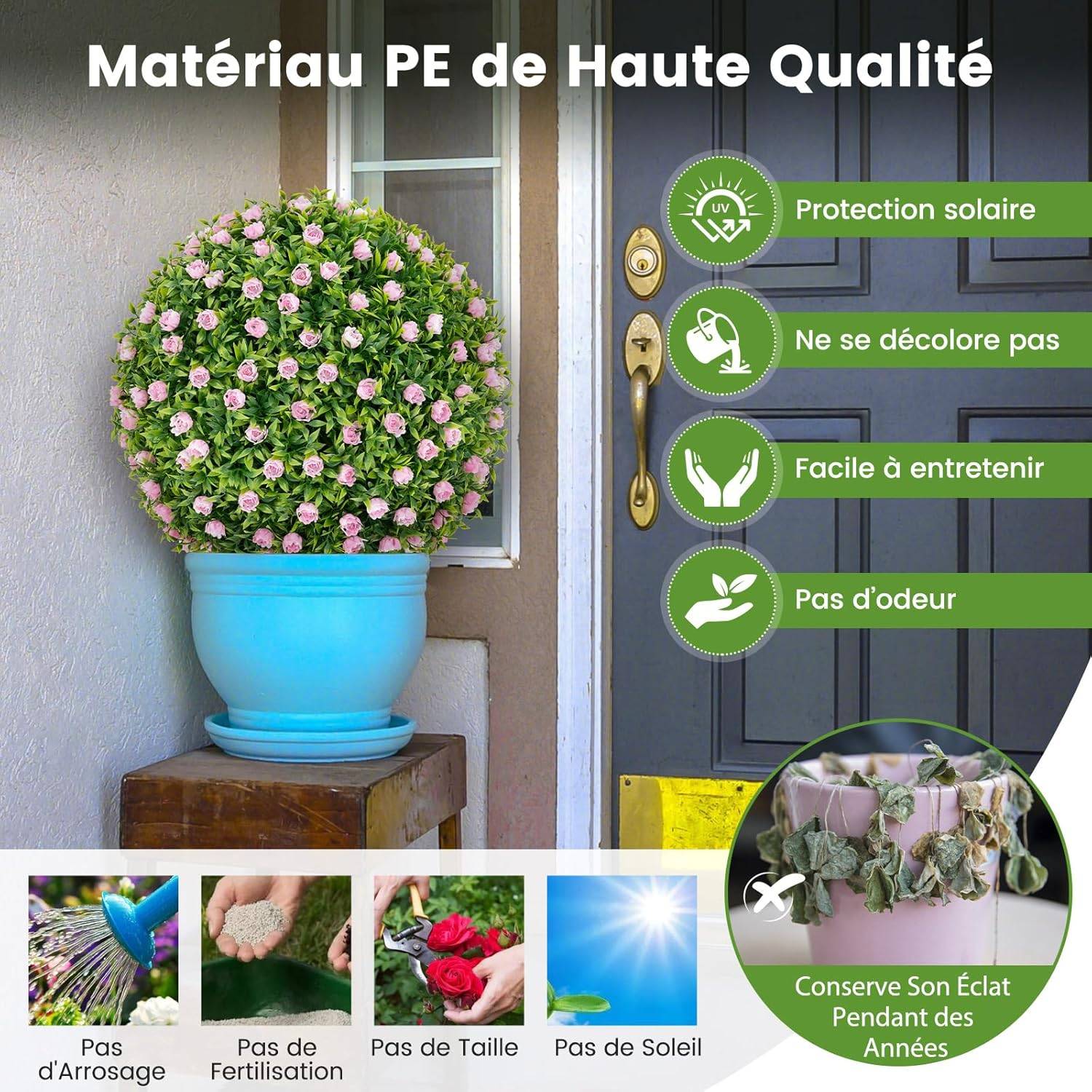 2 Boules Topiaires Artificielles 37 cm avec des Fleurs Rose, Plantes de Faux en Boules à Suspendre ou Poser, Sphère de Jardin Décoratives - Image 5