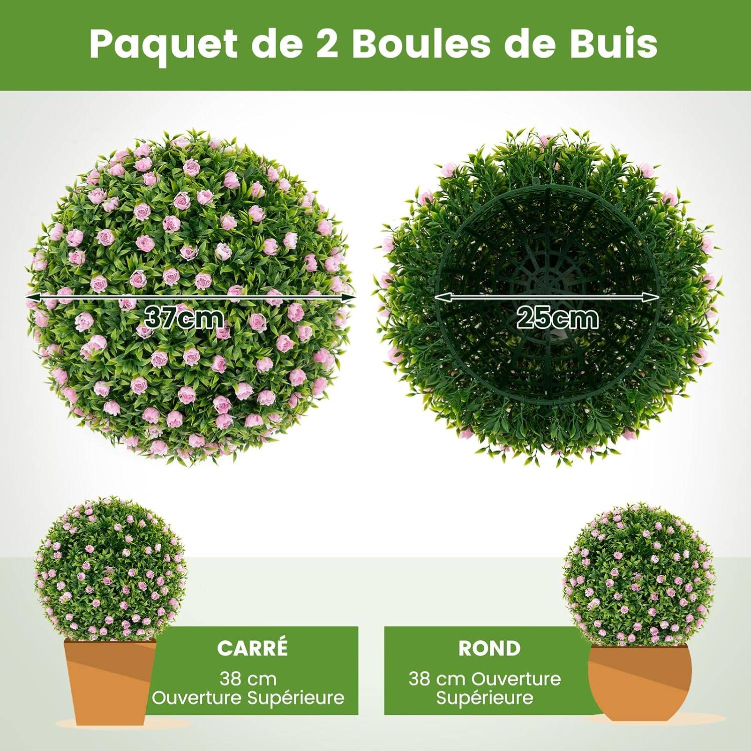 2 Boules Topiaires Artificielles 37 cm avec des Fleurs Rose, Plantes de Faux en Boules à Suspendre ou Poser, Sphère de Jardin Décoratives - Image 3