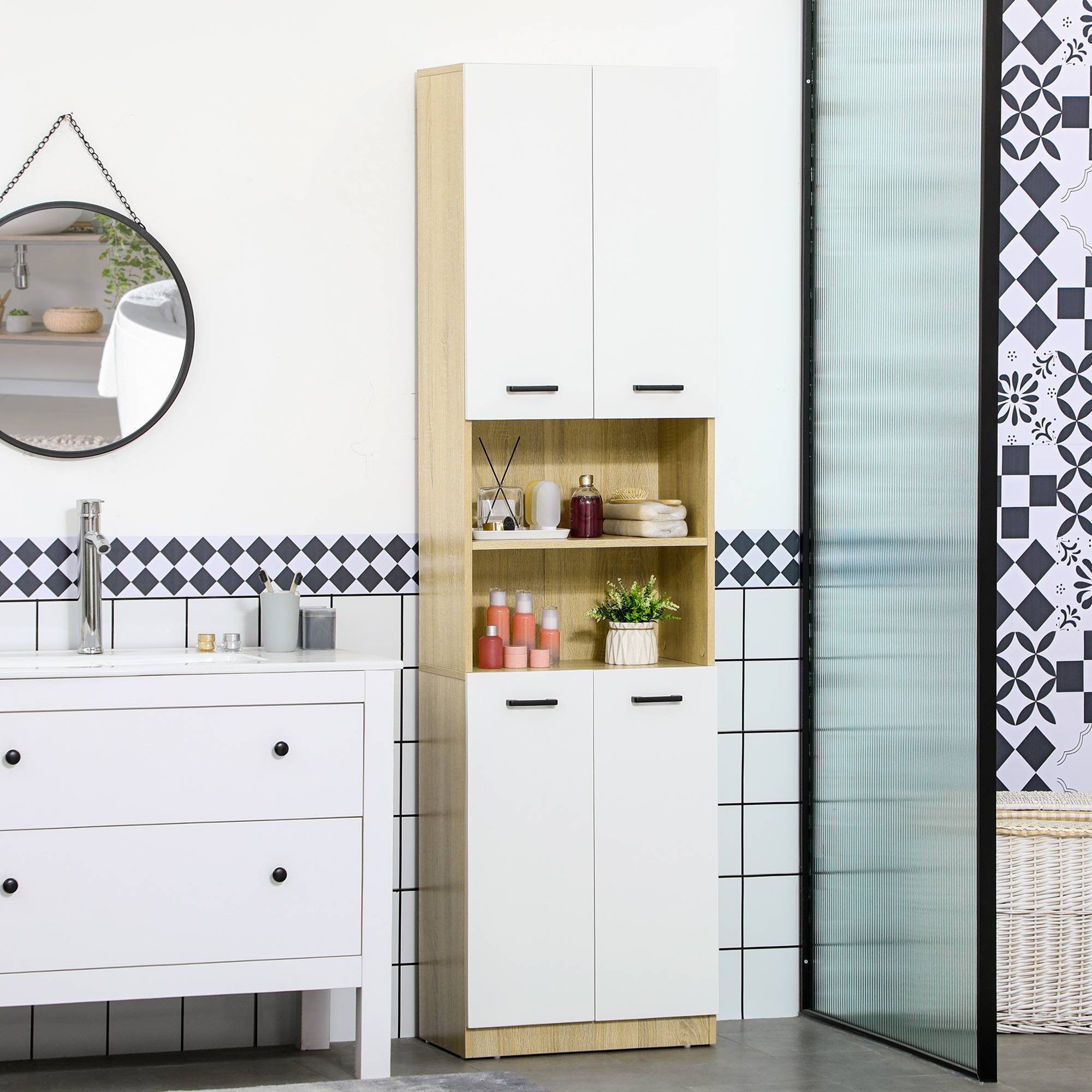 Meuble salle de bain étroit 5 niveaux avec portes cannelées, rangement compact 60x31,8x93 cm blanc moderne - Image 3