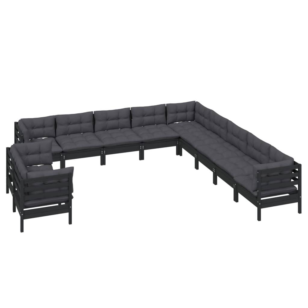 Helloshop26 - Salon de jardin meuble d'extérieur ensemble de mobilier 11 pièces avec coussins noir bois de pin massif