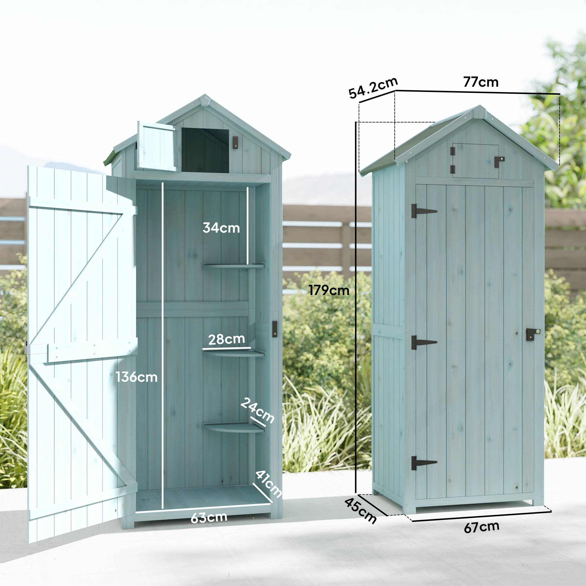 Abri de jardin en bois avec 3 étagères, 77 x 54,2 x 179 cm, bleu - Image 5