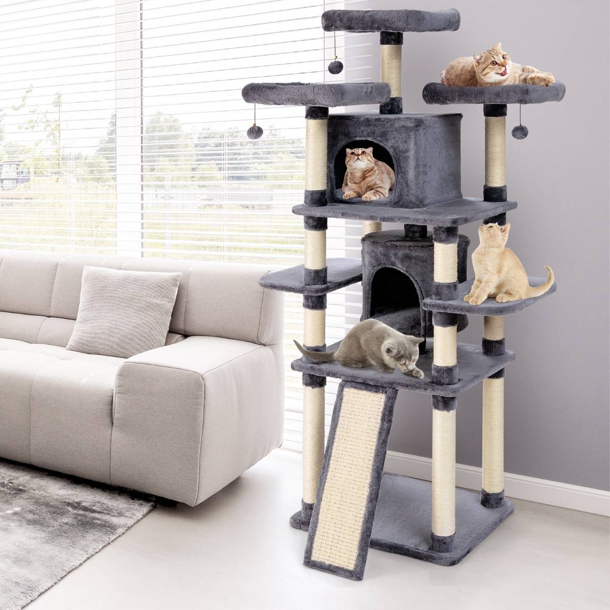 Arbre à Chat Griffoir 60x50x170cm avec Poteaux Planche à Gratter 3 Perchoirs en Peluche 2 Niches - Image 2