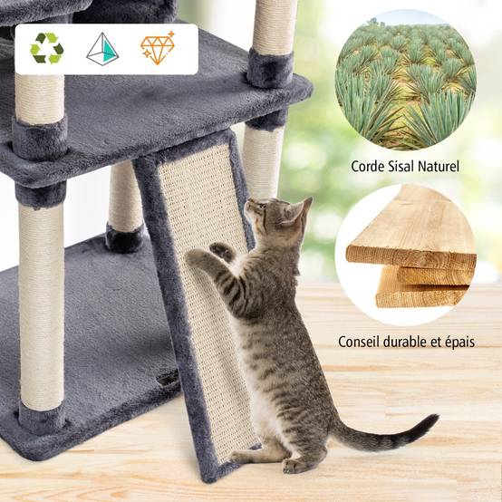 Arbre à Chat Griffoir 60x50x170cm avec Poteaux Planche à Gratter 3 Perchoirs en Peluche 2 Niches - Image 7