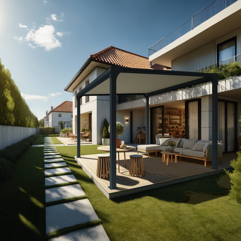 Pergola toile TILA îlot 3,00x3,00m Motorisé à télécommande + manœuvre de secours (Ecru - Gris anthracite) - Alia Productions - Imagen 1