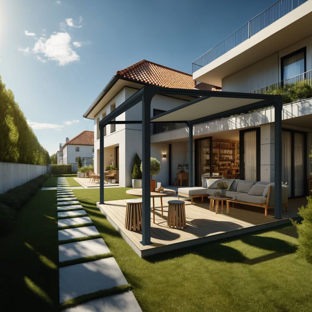 Pergola toile TILA îlot 3,00x3,00m Motorisé à télécommande + manœuvre de secours (Ecru - Gris anthracite) - Alia Productions - Imagen 2
