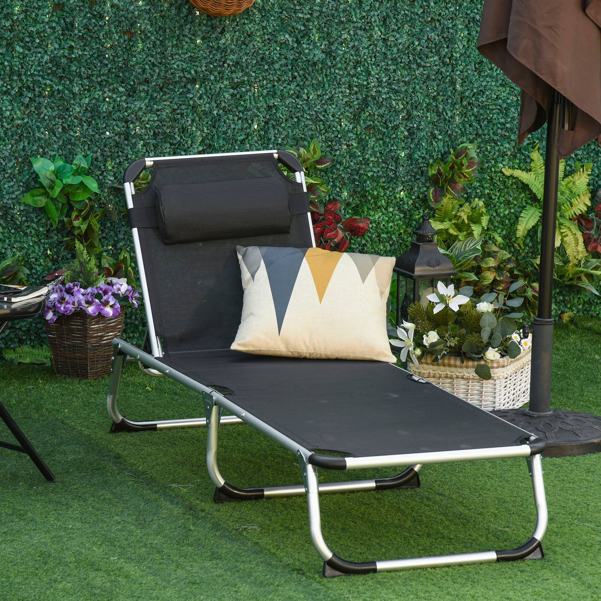 Transat pliable de jardin avec appui-tête, chaise longue 4 positions réglables, camping, charge 120 kg, noir - Image 3