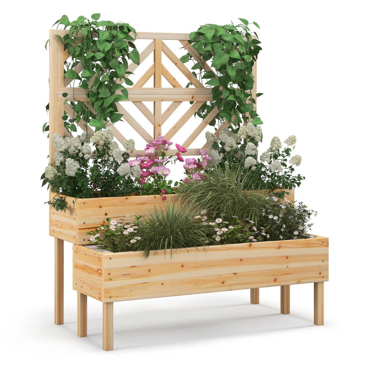 Helloshop26 - Jardinière avec treillis à 2 niveaux en bois de sapin bac à fleurs rectangulaire avec trou de drainage pour plante grimpante - Imagen 1