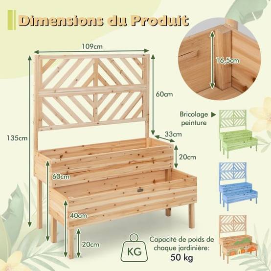 Helloshop26 - Jardinière avec treillis à 2 niveaux en bois de sapin bac à fleurs rectangulaire avec trou de drainage pour plante grimpante - Imagen 2