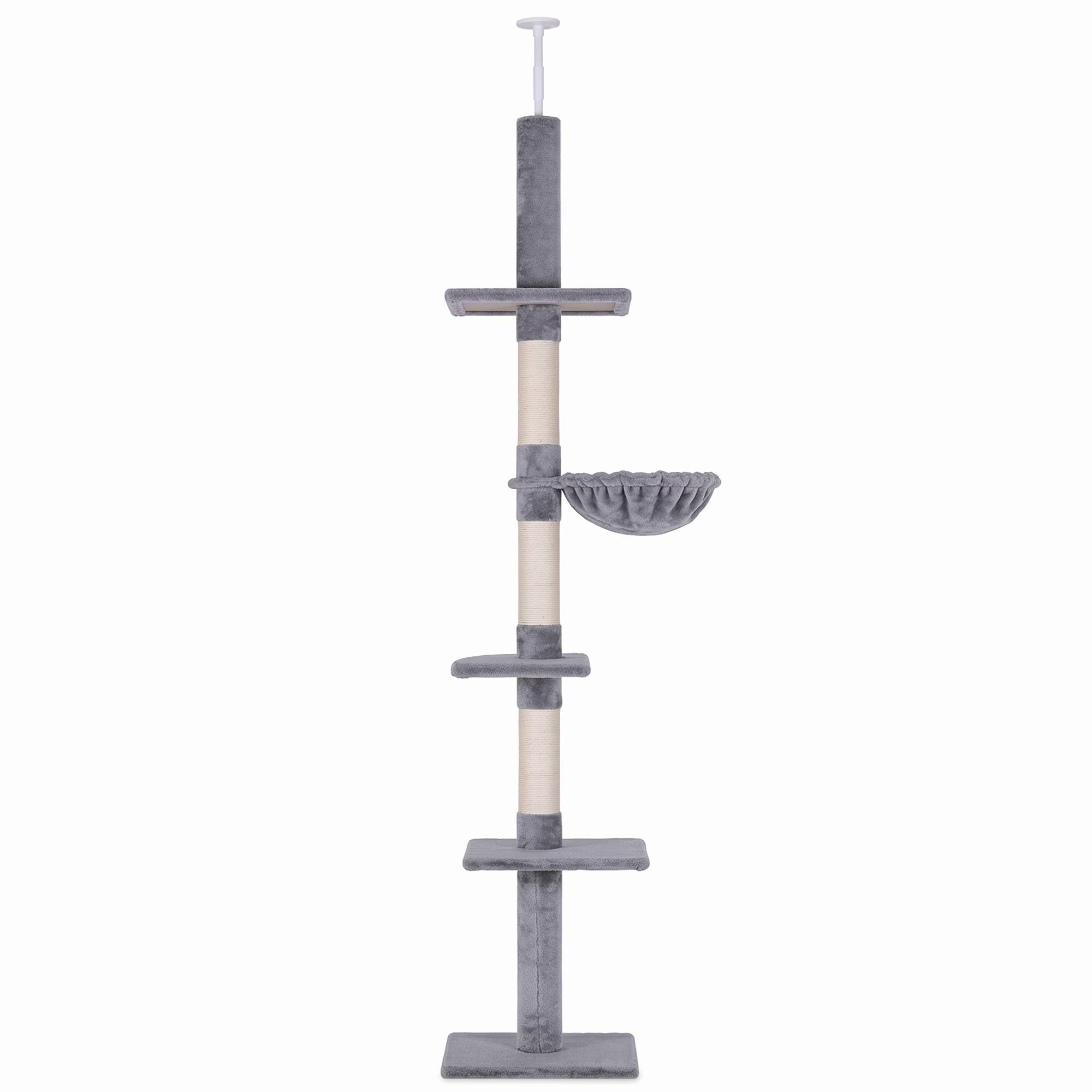 Arbre à chat du sol au plafond (230-260 cm) avec hauteur réglable, plateformes, hamac et poteaux en sisal, gris - Image 2