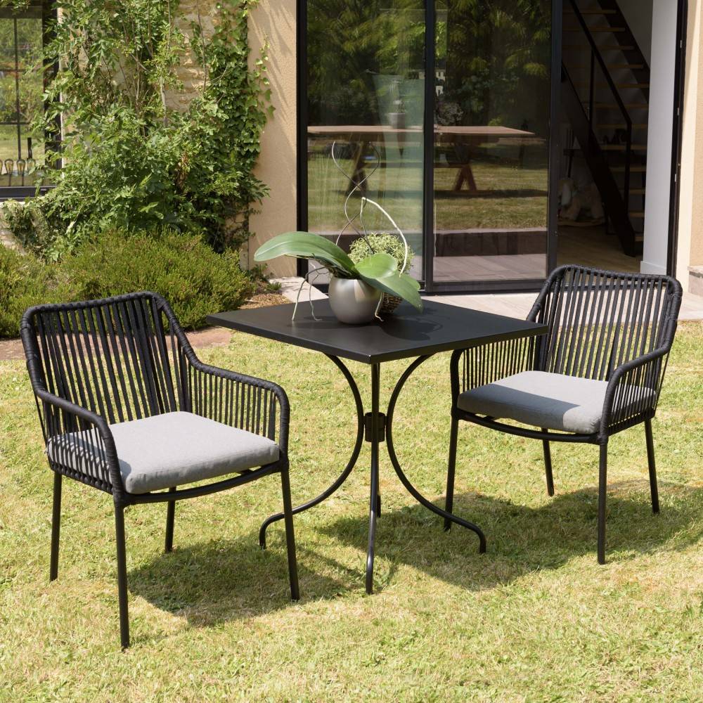 Macabane - MALO - Ensemble de jardin -table 70x70cm et 2 fauteuils gris et noirs - Imagen 2