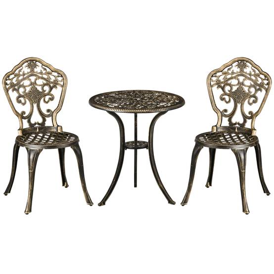Ensemble bistrot pour jardin en aluminium salon de jardin 3 pièces 2 chaises + table ronde imitation fer forgé - Image 1