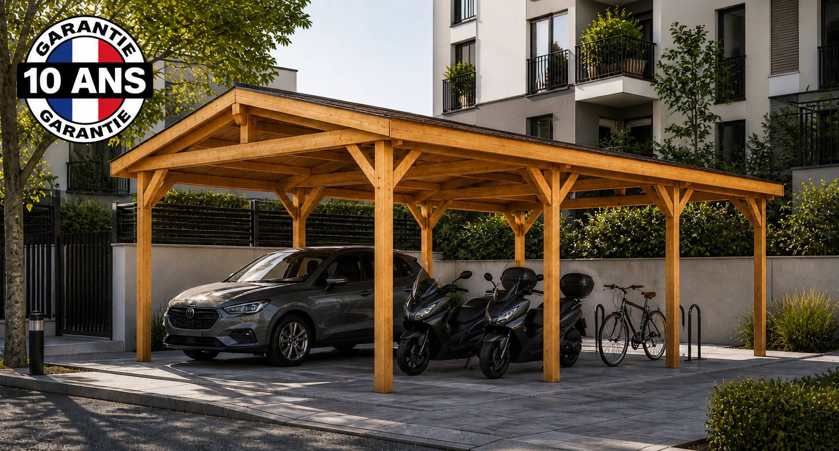 Carport SUR MESURE  deux pentes 650 cm x  8 poteaux, bois DOUGLAS Français  (Charpente en bois-auvent-abri voiture). Garantie 10 ans - Image 3