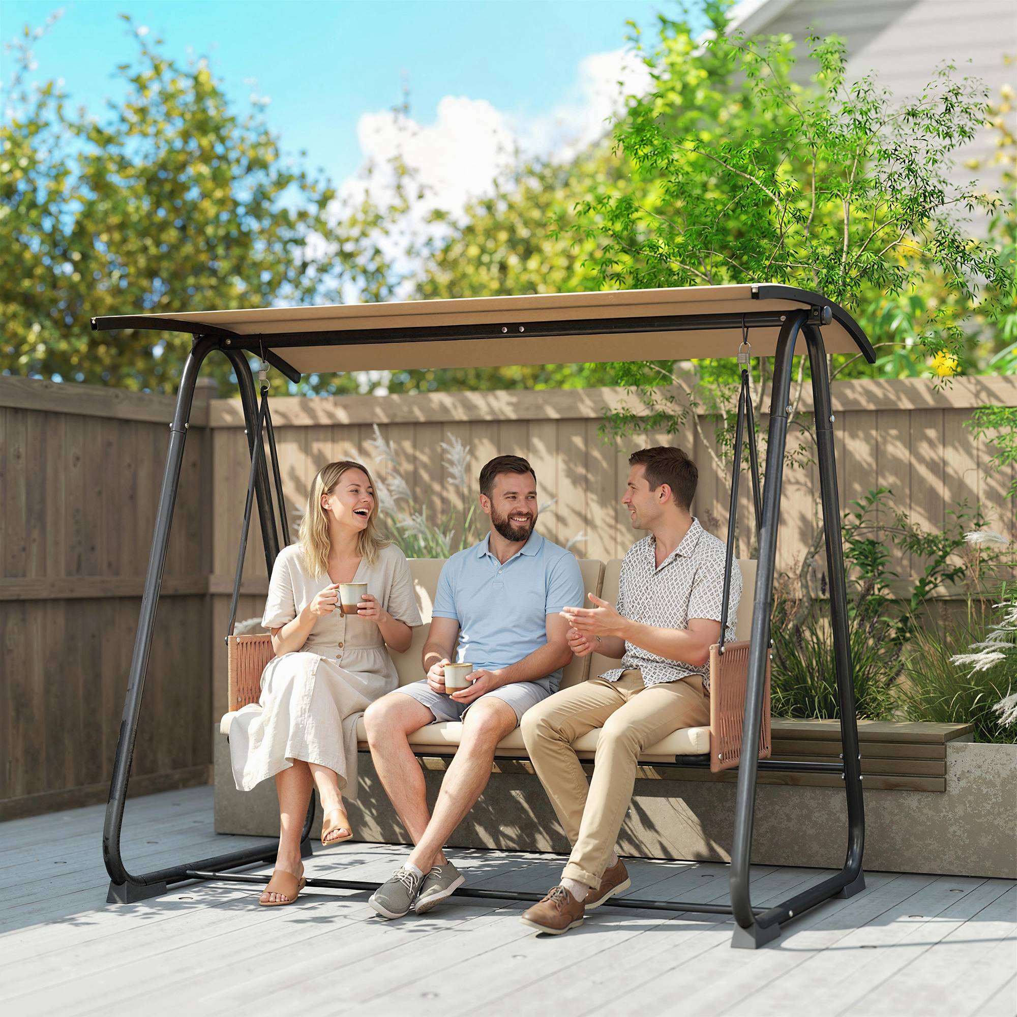 Balancelle Jardin 3 Places Métal Extérieur Toit Inclinable Sable - ComfortXL Outdoor Living - Image 3