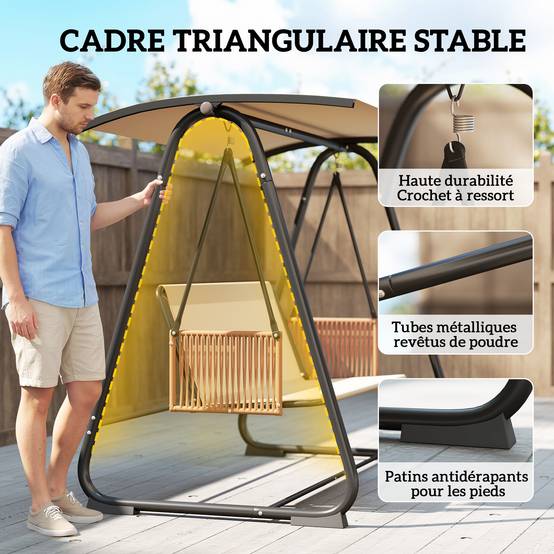 Balancelle Jardin 3 Places Métal Extérieur Toit Inclinable Sable - ComfortXL Outdoor Living - Image 7