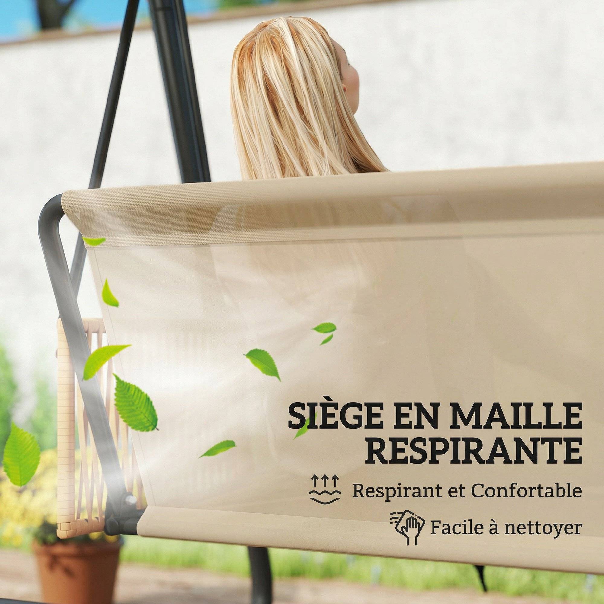 Balancelle Jardin 3 Places Métal Extérieur Toit Inclinable Sable - ComfortXL Outdoor Living - Image 9