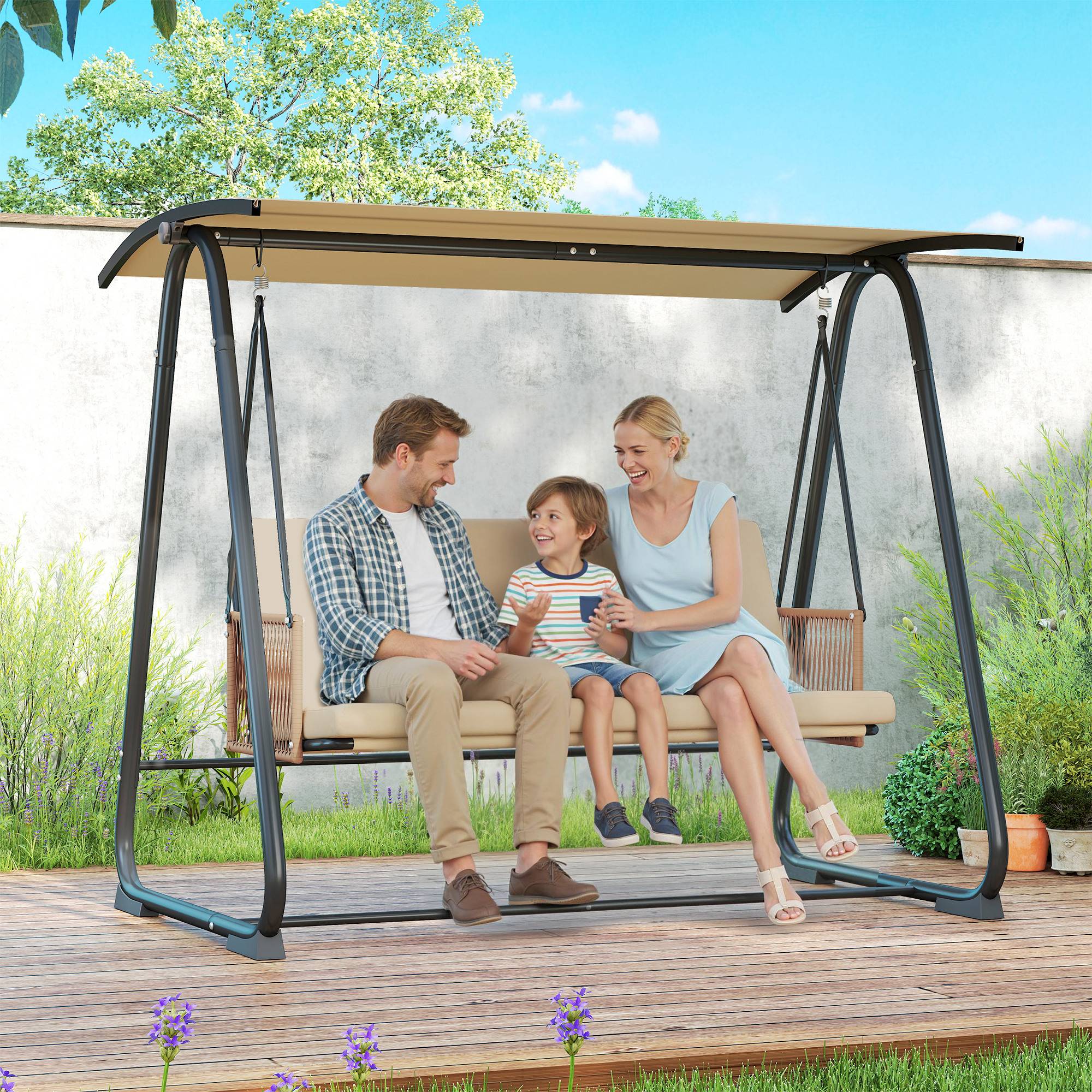 Balancelle Jardin 3 Places Métal Extérieur Toit Inclinable Sable - ComfortXL Outdoor Living - Image 4