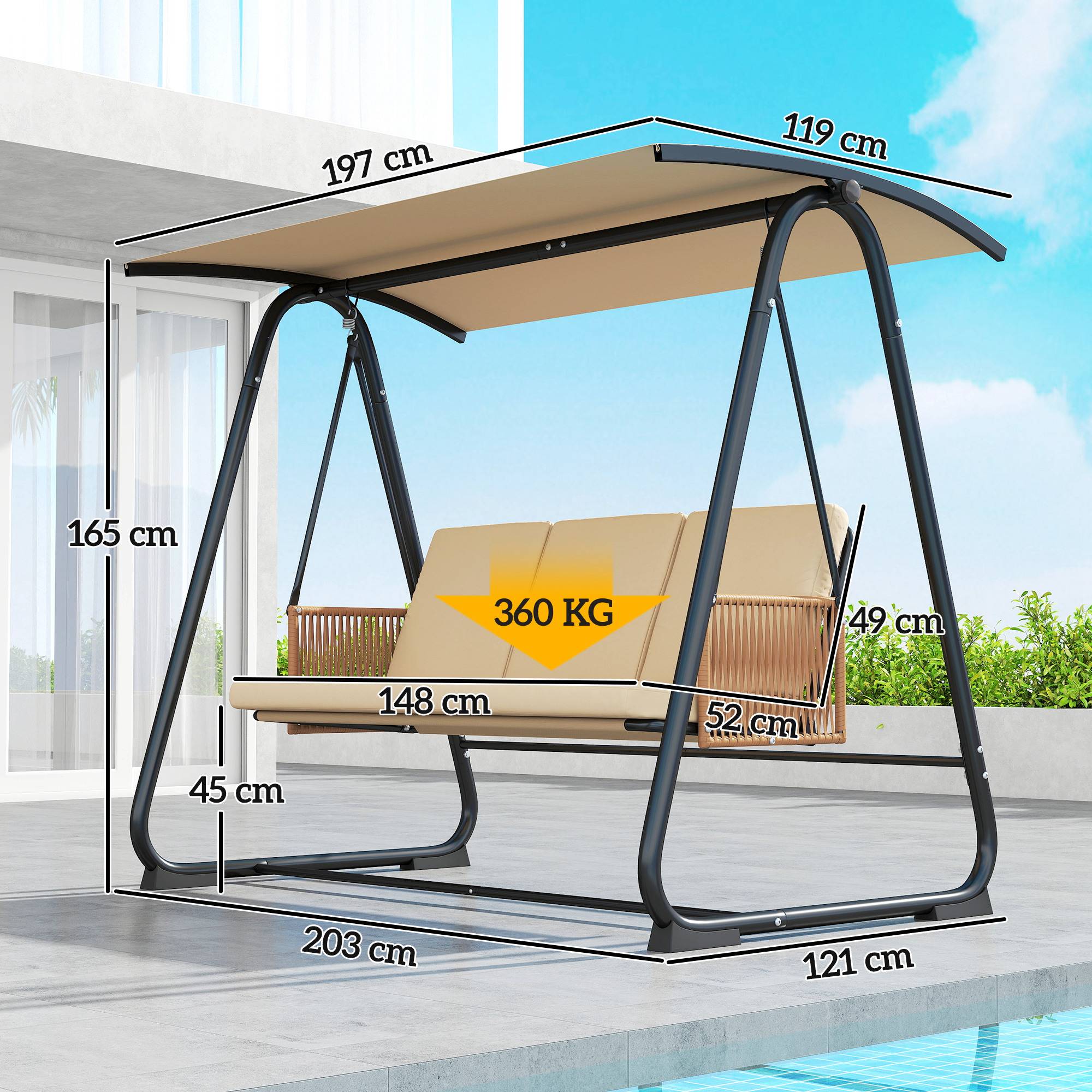 Balancelle Jardin 3 Places Métal Extérieur Toit Inclinable Sable - ComfortXL Outdoor Living - Image 5