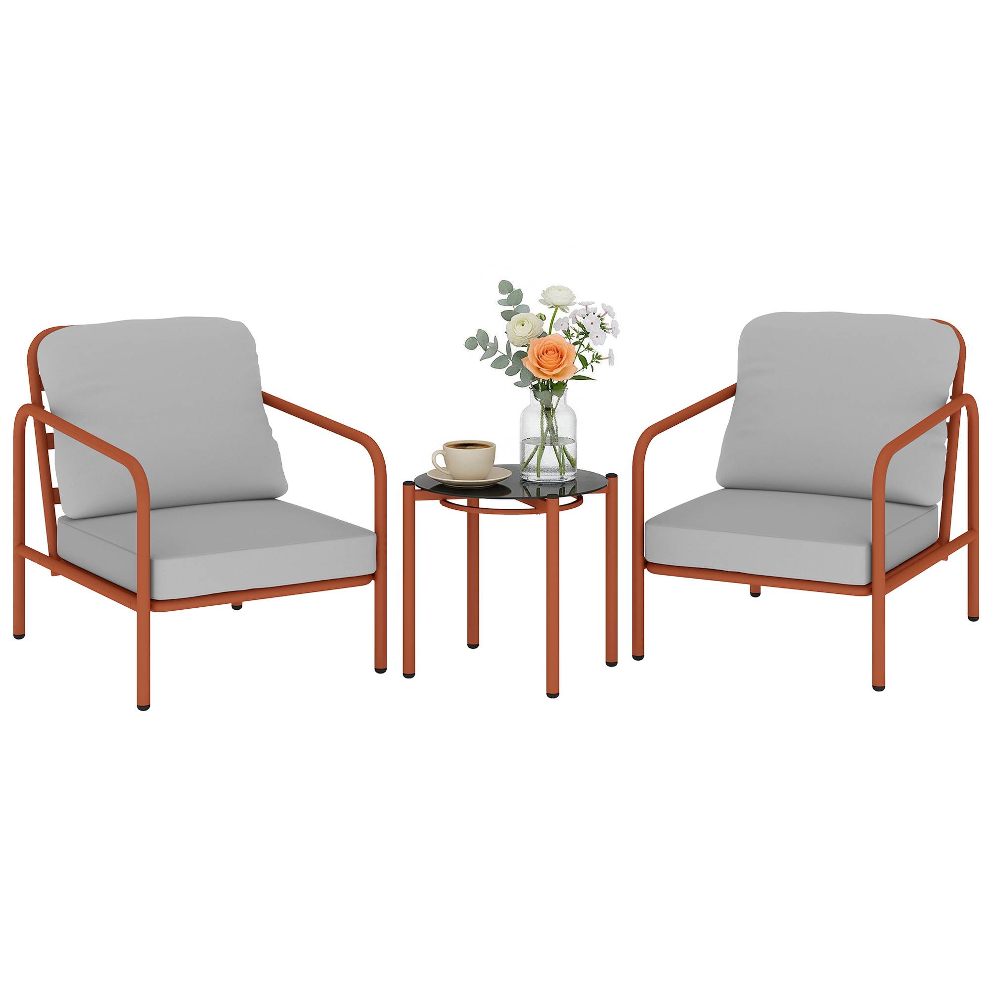 Salon de Jardin 3 Pièces, 2 Fauteuils, 1 Table Basse, Coussins Épais, Plateau en Verre Trempé, 63x77x76cm, Rouge Vineux - Image 1