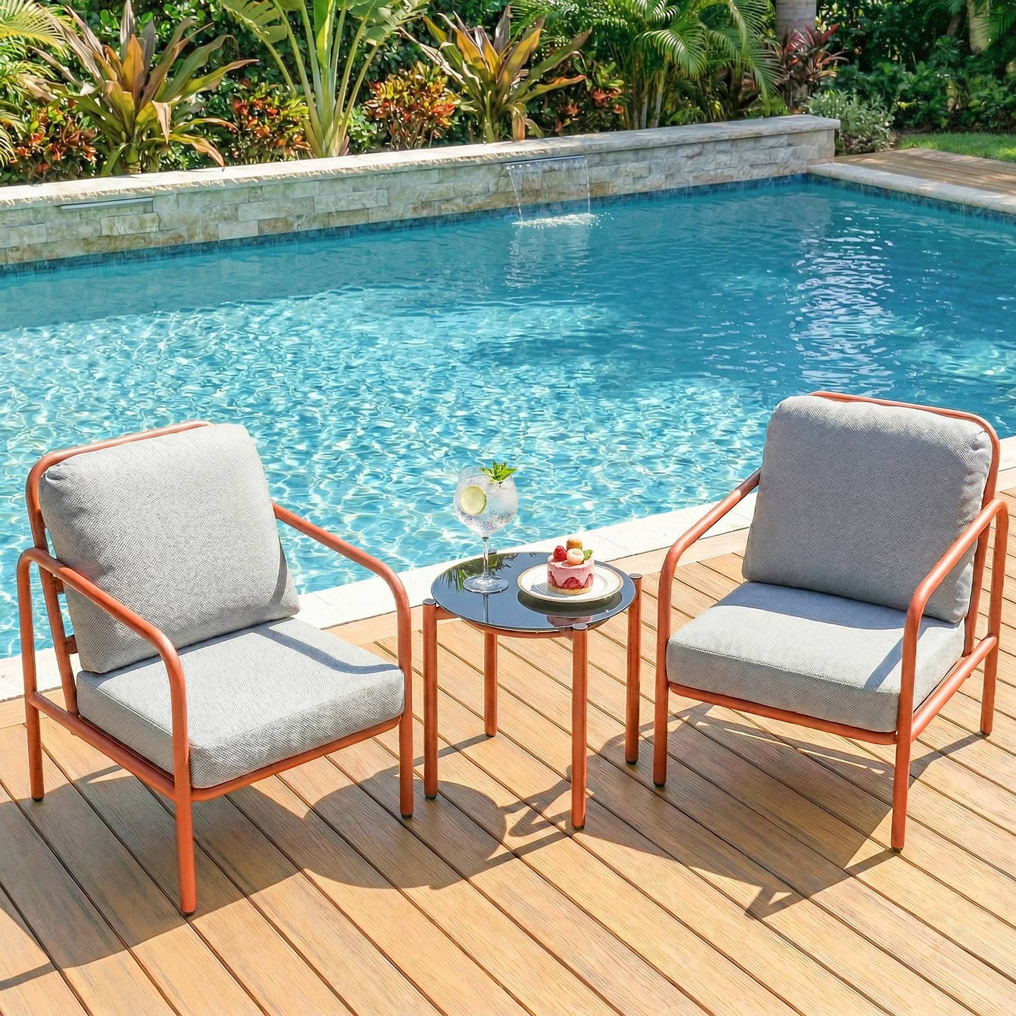 Salon de Jardin 3 Pièces, 2 Fauteuils, 1 Table Basse, Coussins Épais, Plateau en Verre Trempé, 63x77x76cm, Rouge Vineux - Image 9