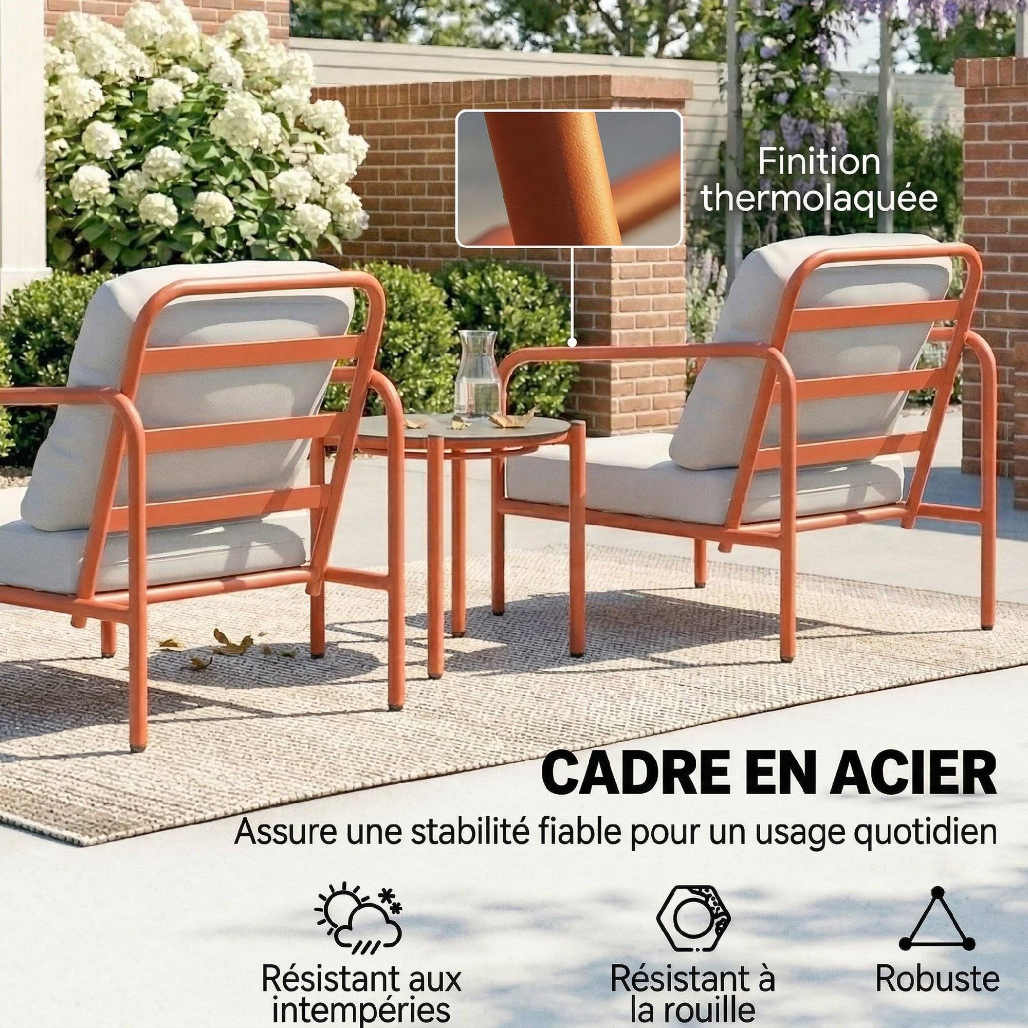 Salon de Jardin 3 Pièces, 2 Fauteuils, 1 Table Basse, Coussins Épais, Plateau en Verre Trempé, 63x77x76cm, Rouge Vineux - Image 7