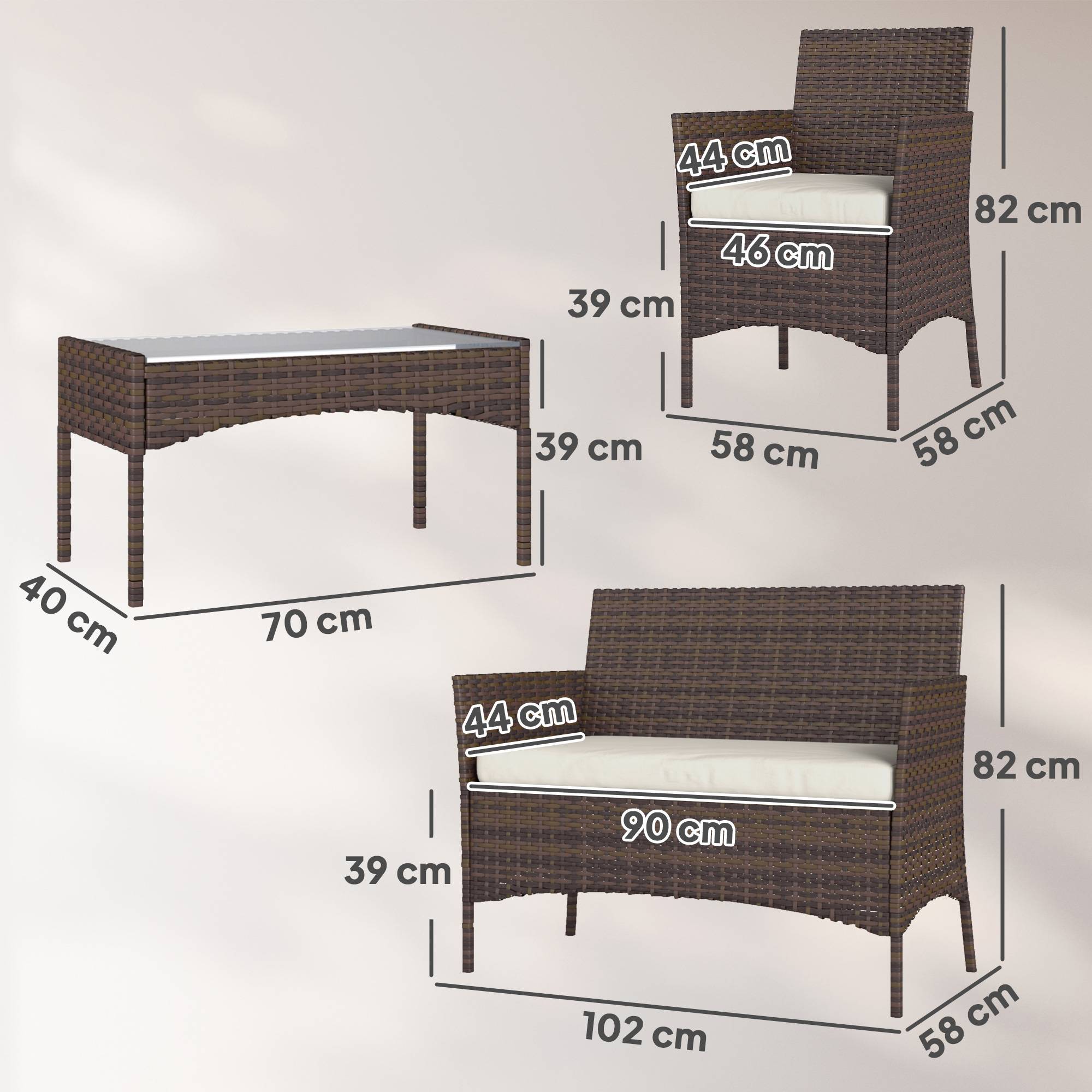 Salon de Jardin Extérieur 3 pièces | Mobilier de jardin Beige Résine tressée 102x58x82 cm - Image 5
