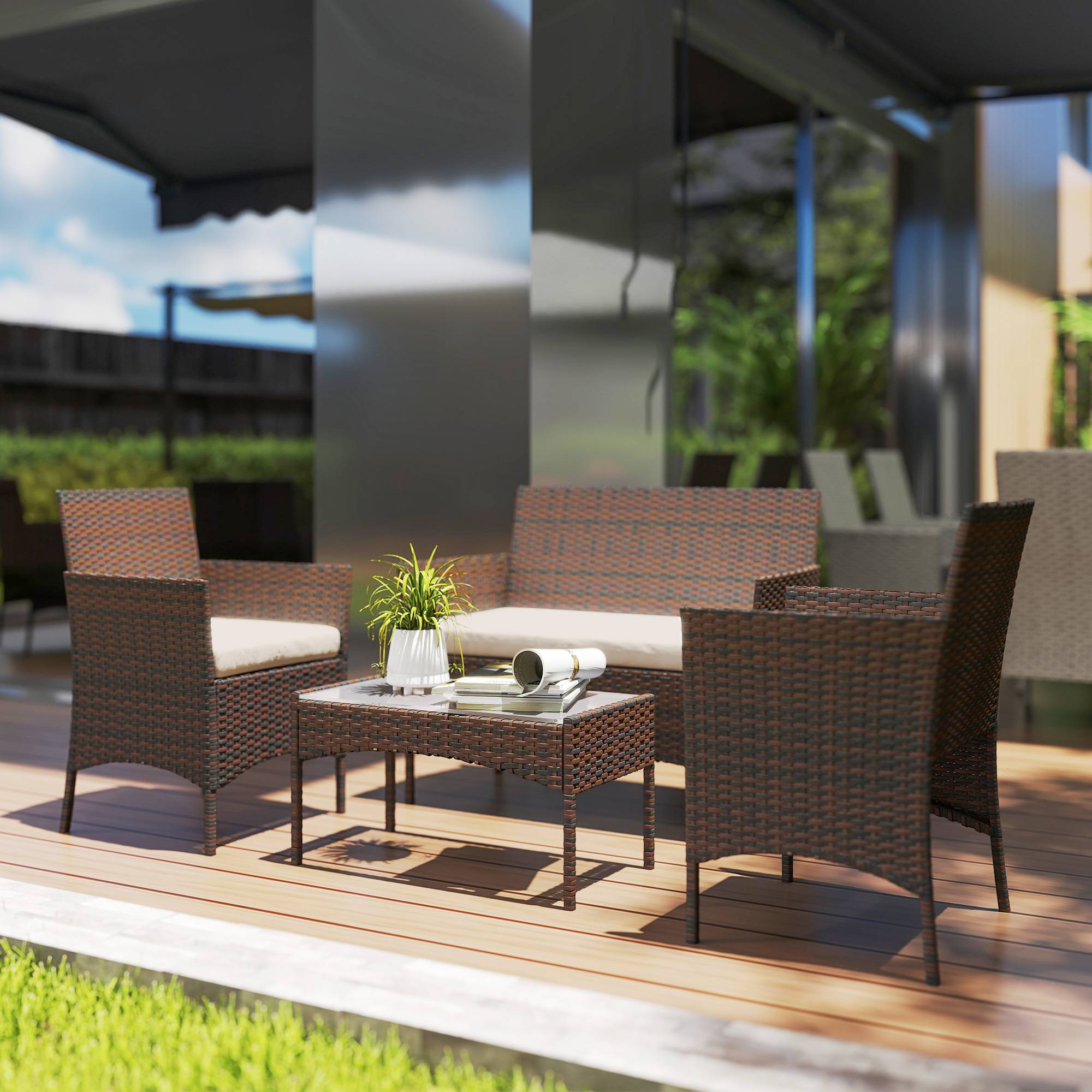 Salon de Jardin Extérieur 3 pièces | Mobilier de jardin Beige Résine tressée 102x58x82 cm - Image 3