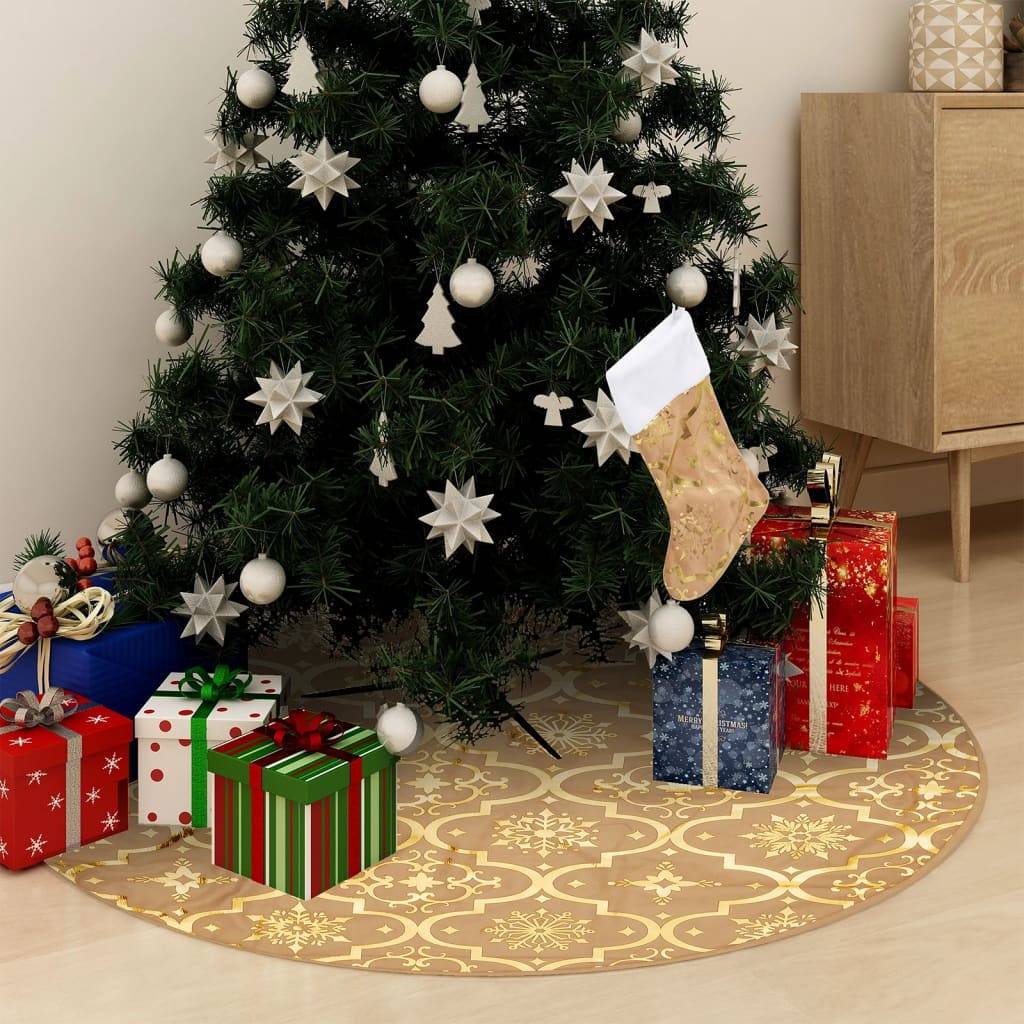 Jupe de sapin de Noël - Robe de sapin - Tapis de sapin de luxe avec chaussette Jaune 150cm Tissu - Image 2