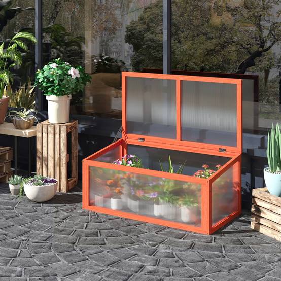 ComfortXL - Mini serre bois sapin polycarbonate pour semis croissance toit ouvrant 90x46x40cm orange - ComfortXL Outdoor Living - Image 4