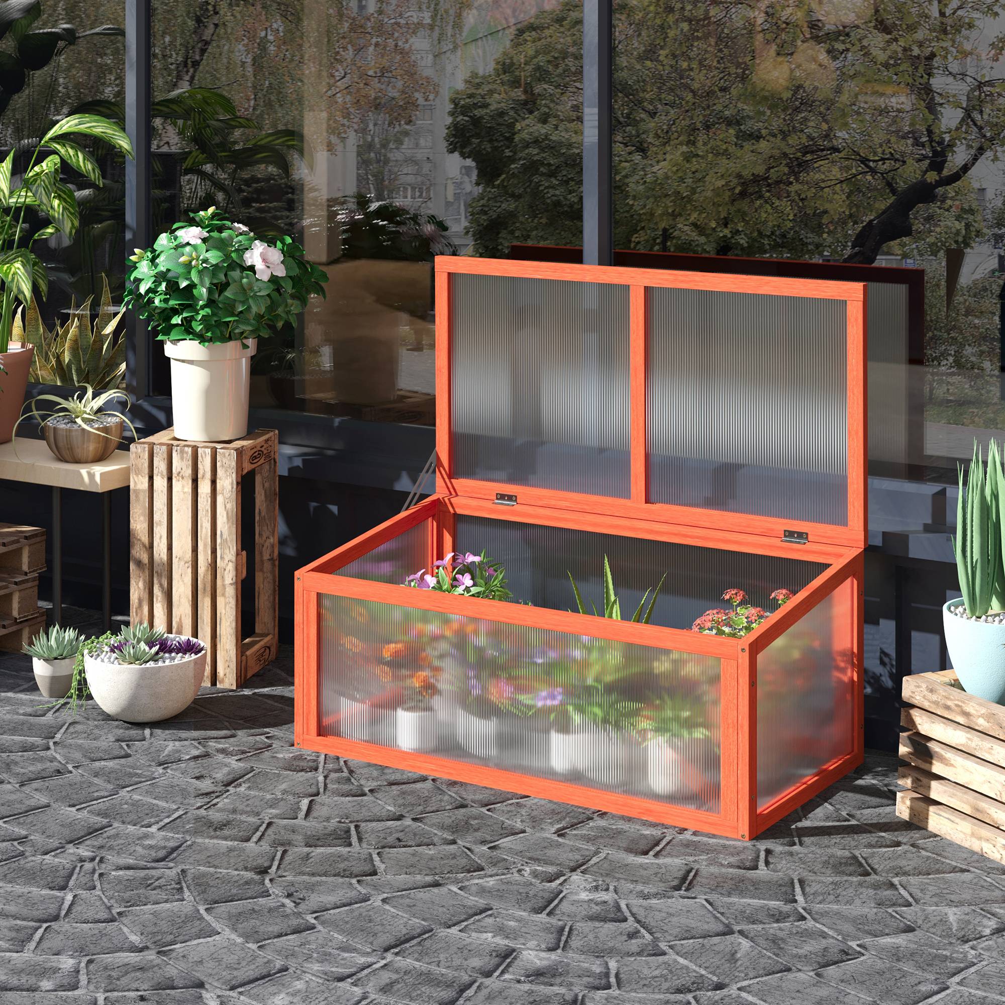 ComfortXL - Mini serre bois sapin polycarbonate pour semis croissance toit ouvrant 90x46x40cm orange - ComfortXL Outdoor Living - Image 4