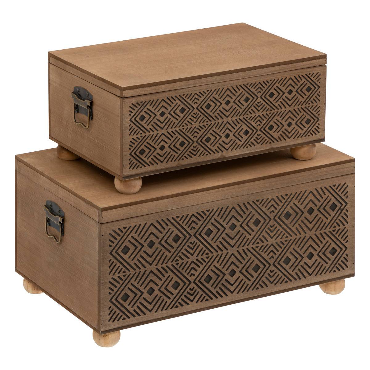 Set de 2 Malles de rangement en bois marron gravé L 51 et L 41 cm - Imagen 1