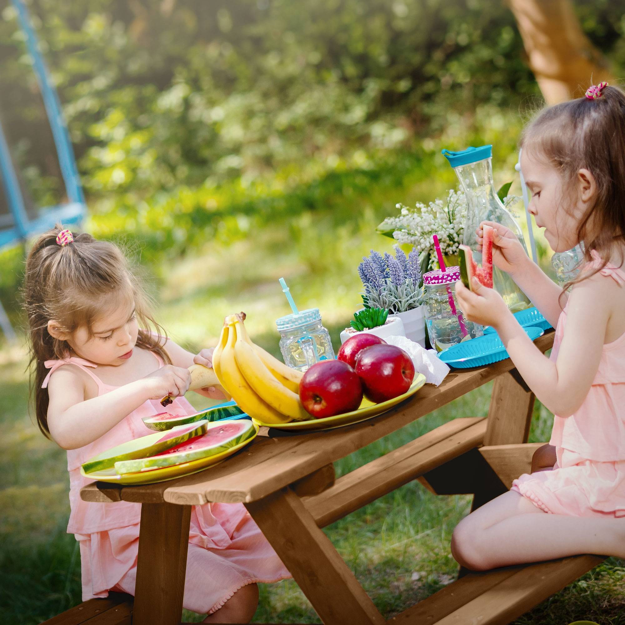 Ml-Design - Table de Pique-Nique avec 2 Bancs, Ensemble de Jeu pour Enfants, Marron, en Bois Massif, avec 4 Places - Image 9