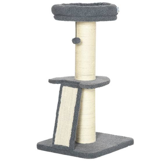 Arbre à chat PawHut, une plateforme, balle suspendue, sisal, gris foncé + blanc crème, 48 x 48 x 92 cm - Image 2