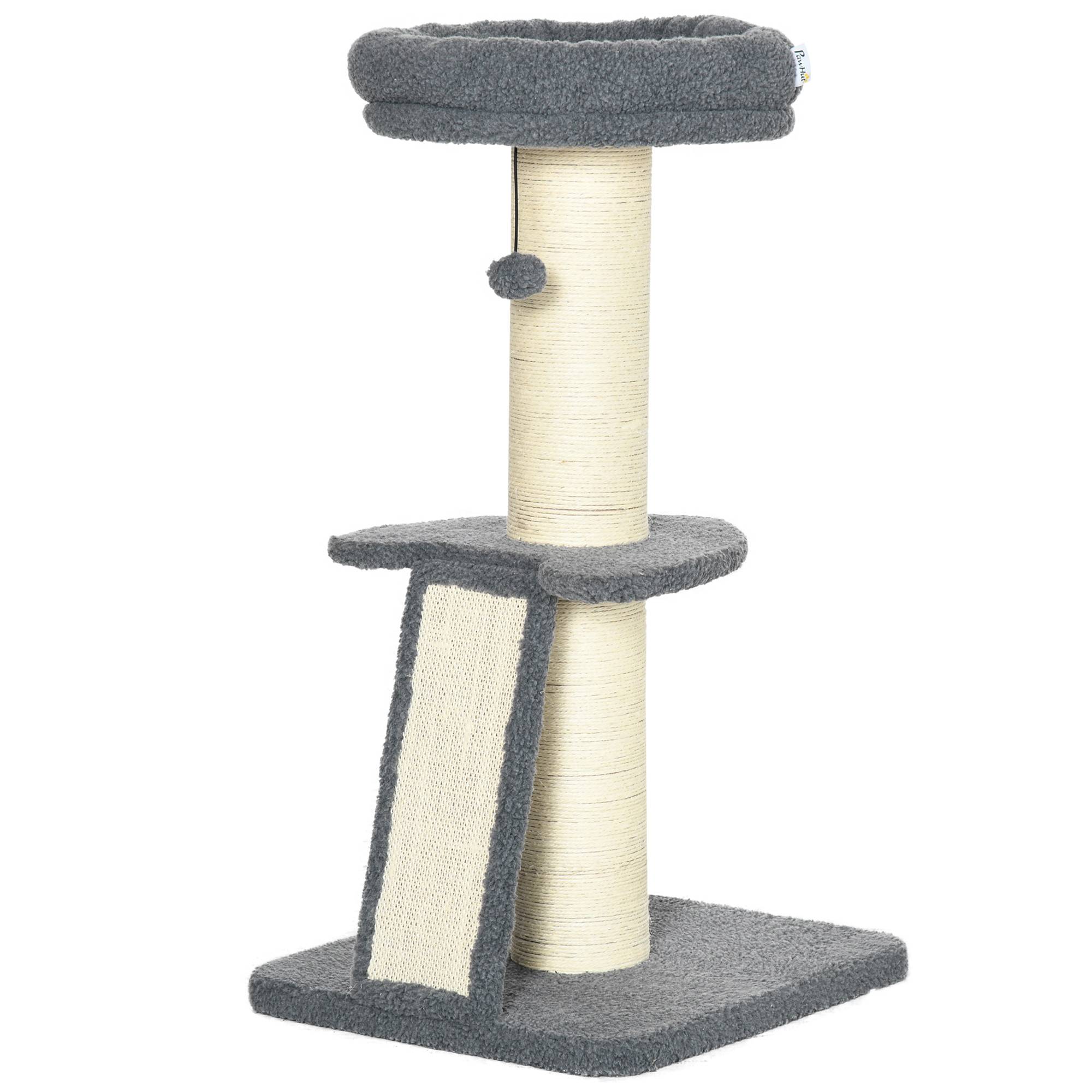 Arbre à chat PawHut, une plateforme, balle suspendue, sisal, gris foncé + blanc crème, 48 x 48 x 92 cm - Image 2