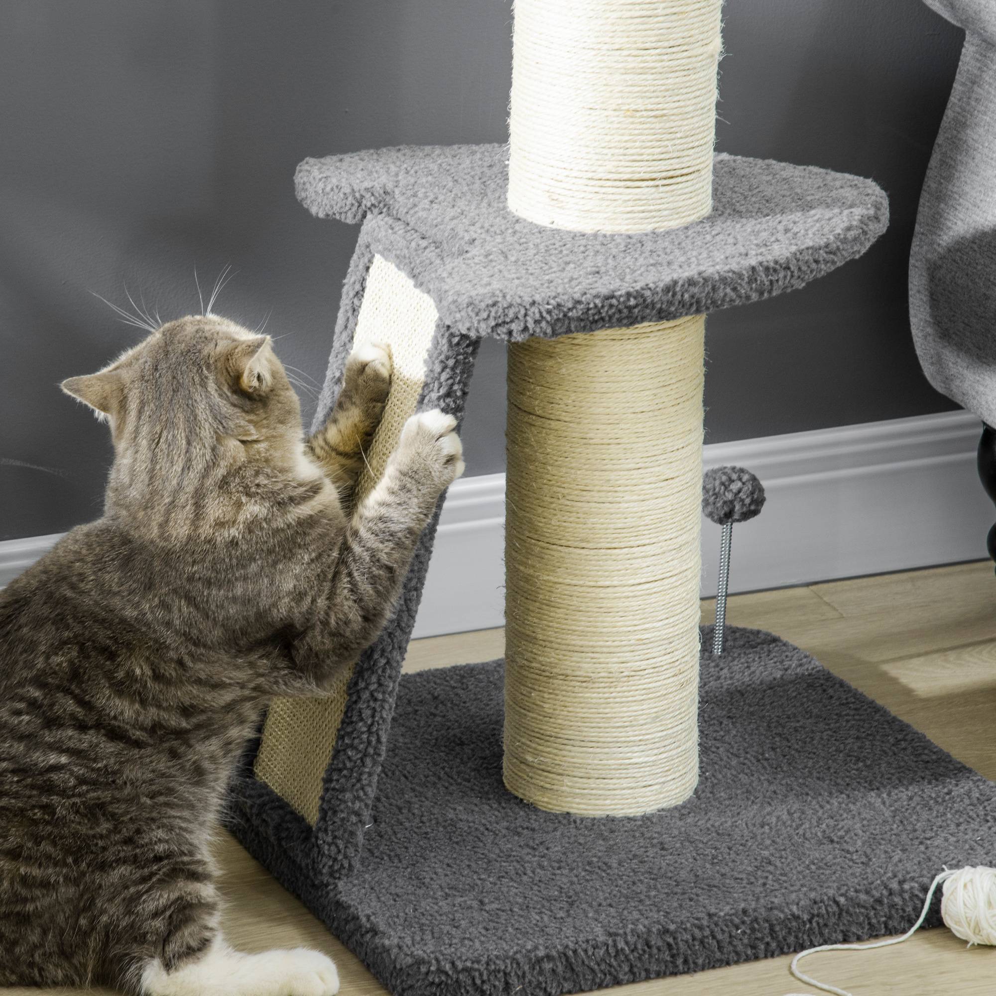 Arbre à chat PawHut, une plateforme, balle suspendue, sisal, gris foncé + blanc crème, 48 x 48 x 92 cm - Image 9