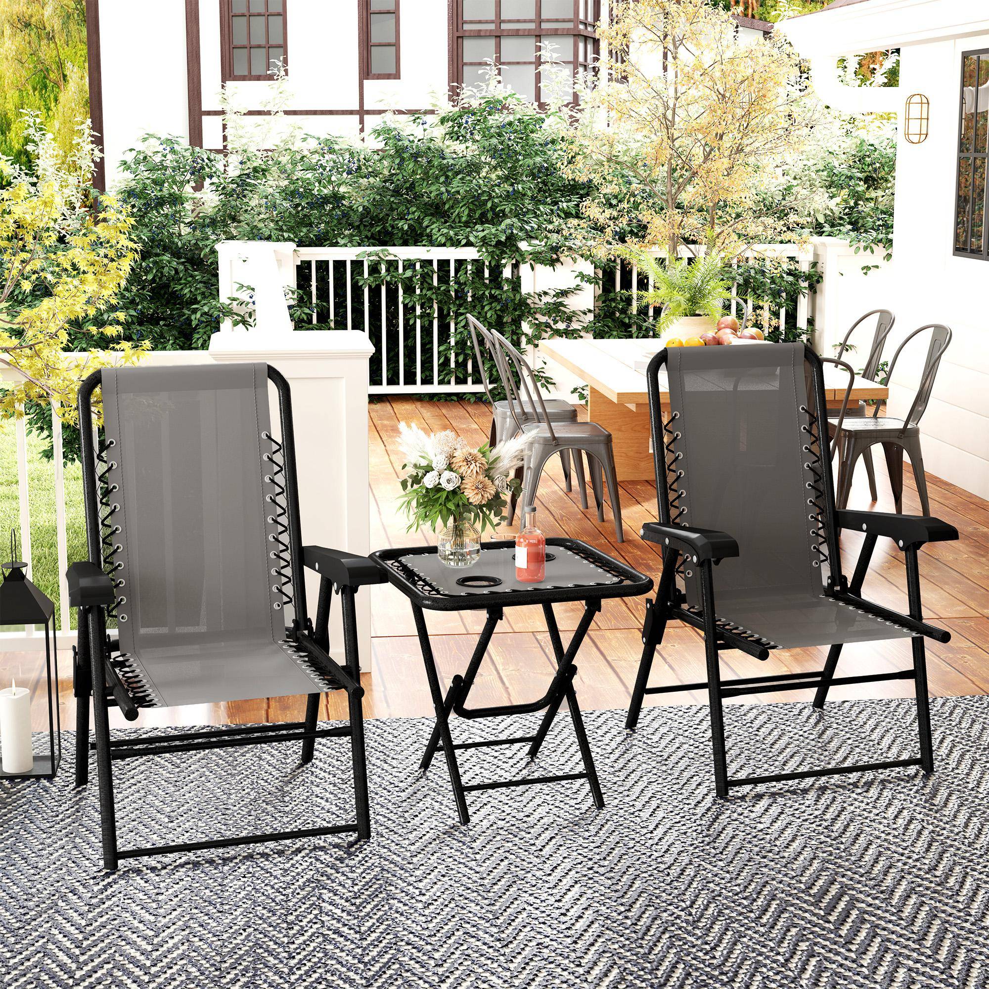Ensemble bistro 3 pièces acier : résistant, table pliante + porte-gobelet + chaises, gris foncé - Image 2