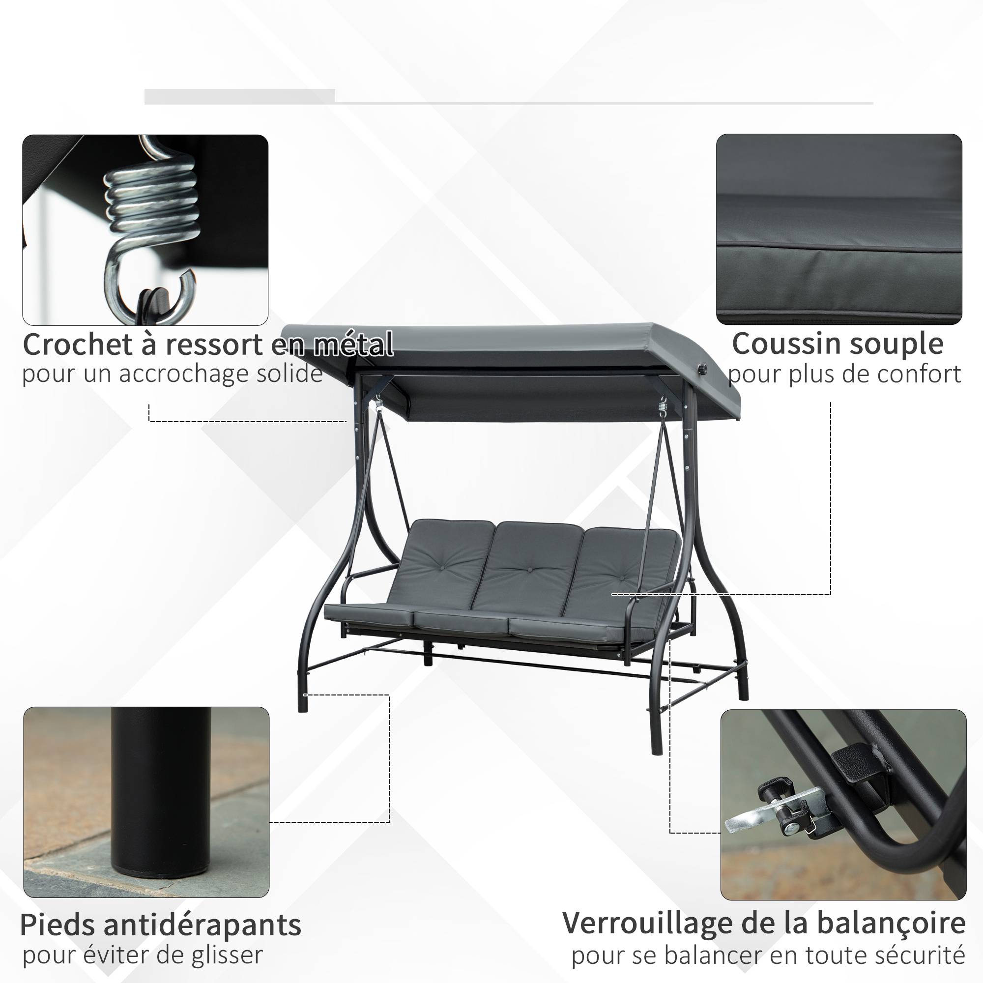 Balancelle de Jardin 3 Places Convertible Inclinaison Toit réglable Matelas Grand Confort Rembourrage 7 cm fourni - Image 8