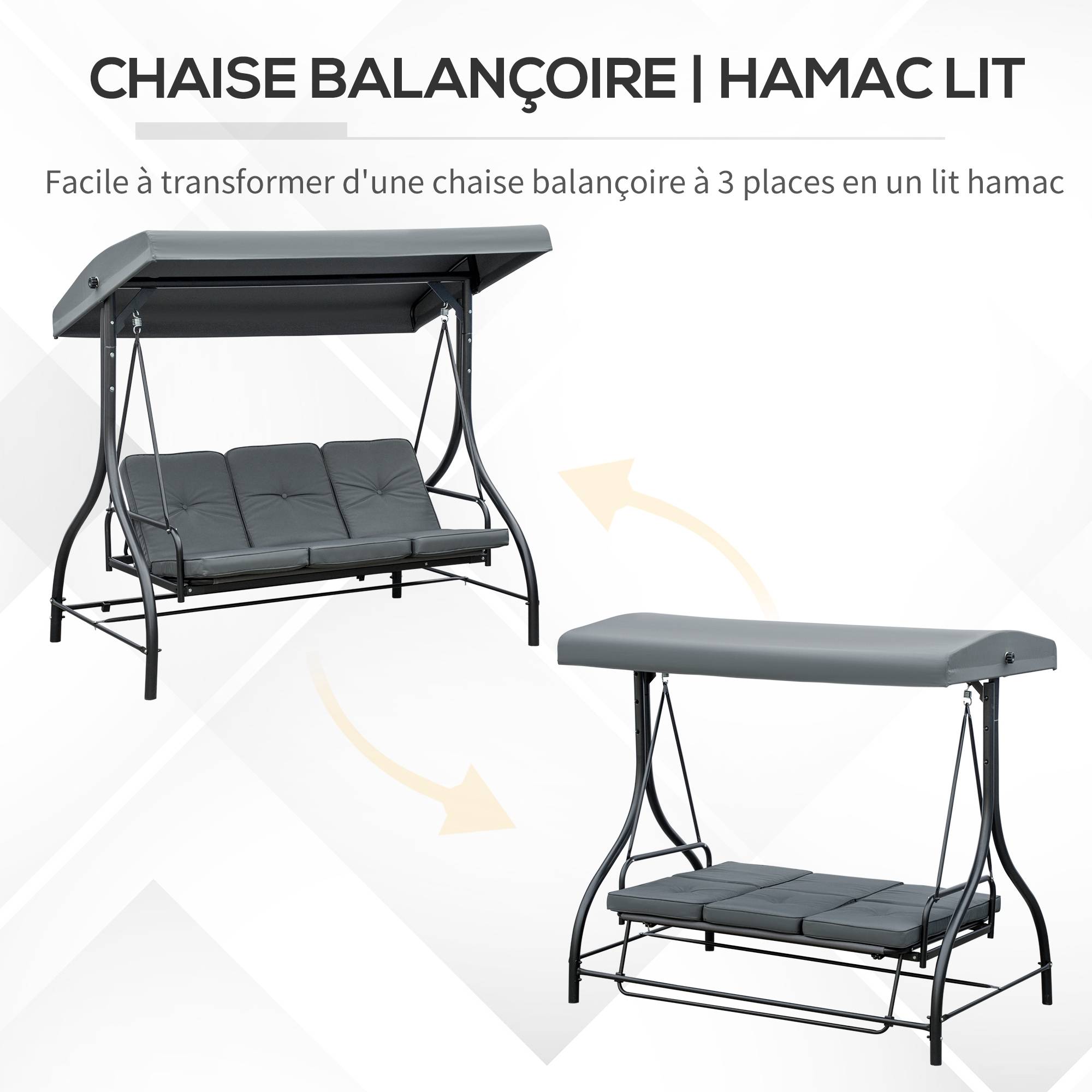Balancelle de Jardin 3 Places Convertible Inclinaison Toit réglable Matelas Grand Confort Rembourrage 7 cm fourni - Image 7