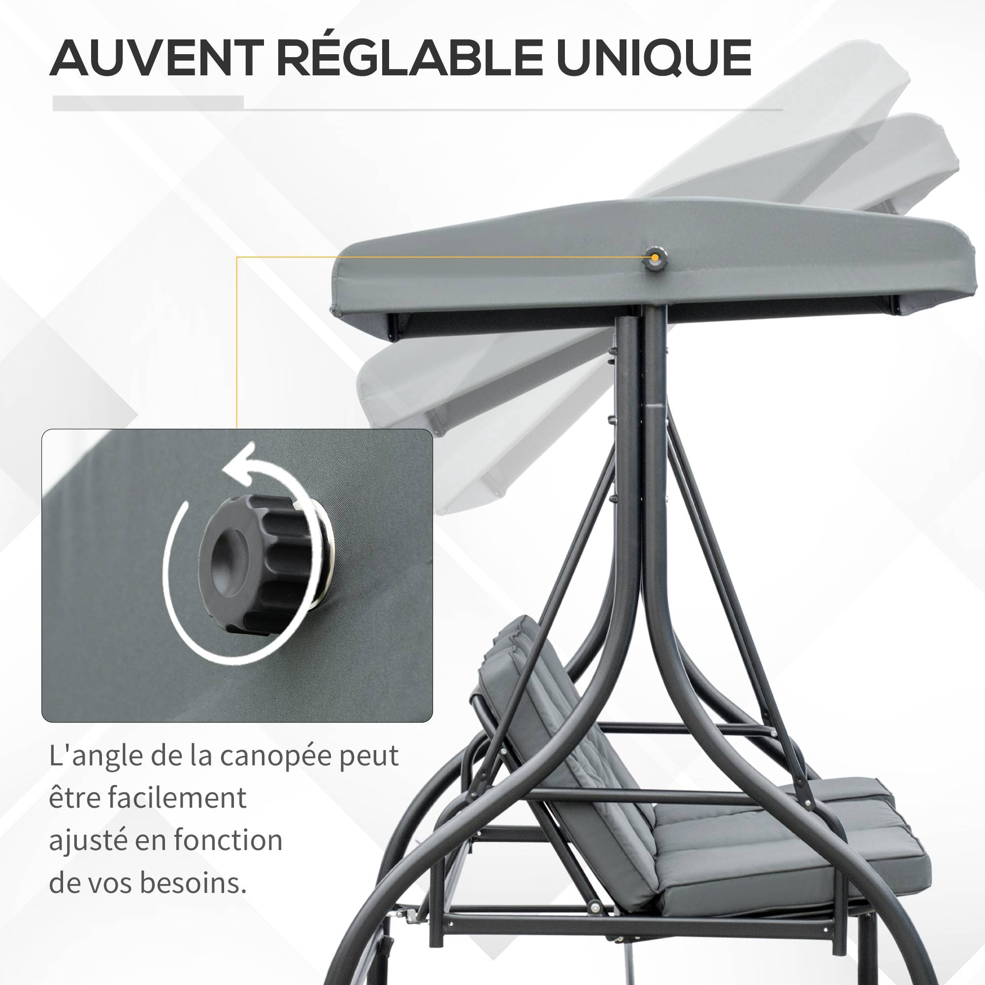 Balancelle de Jardin 3 Places Convertible Inclinaison Toit réglable Matelas Grand Confort Rembourrage 7 cm fourni - Image 6