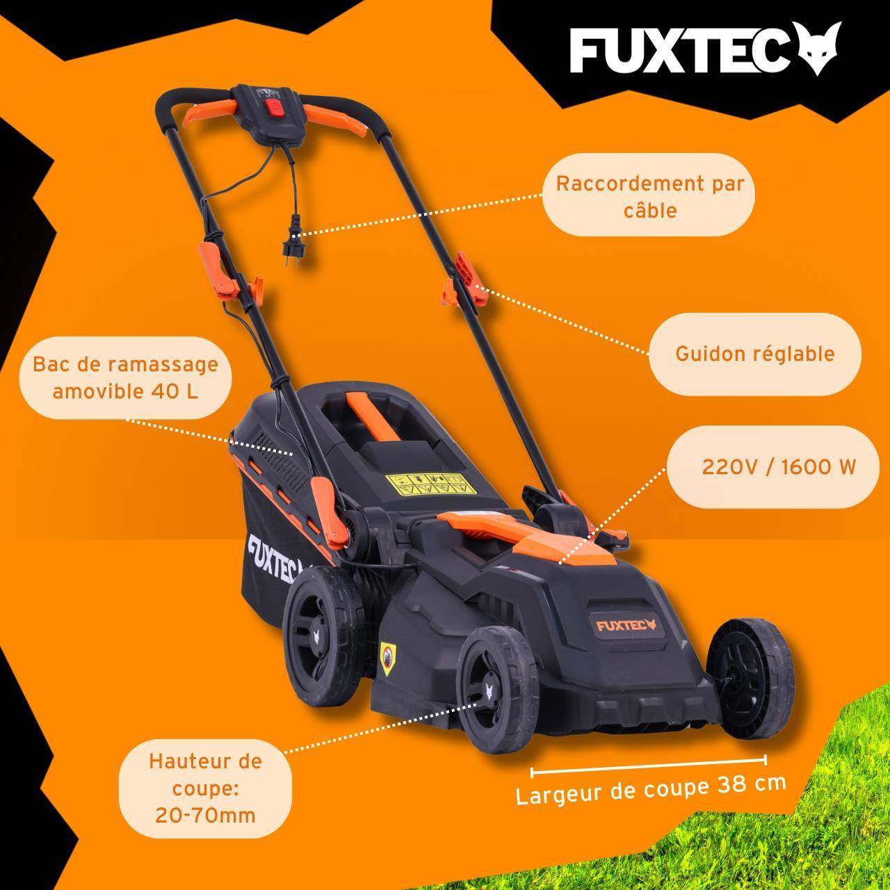 FUXTEC - Tondeuse à Gazon électrique Filaire Poussée - FUXTEC FX-RME38 - 12Kg, Largeur Coupe 38cm, Bac 40L, Hauteur 20mm - 70mm - Image 6