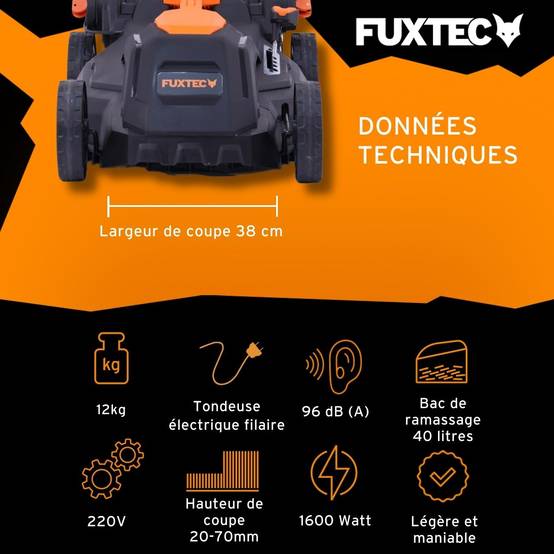 FUXTEC - Tondeuse à Gazon électrique Filaire Poussée - FUXTEC FX-RME38 - 12Kg, Largeur Coupe 38cm, Bac 40L, Hauteur 20mm - 70mm - Image 3