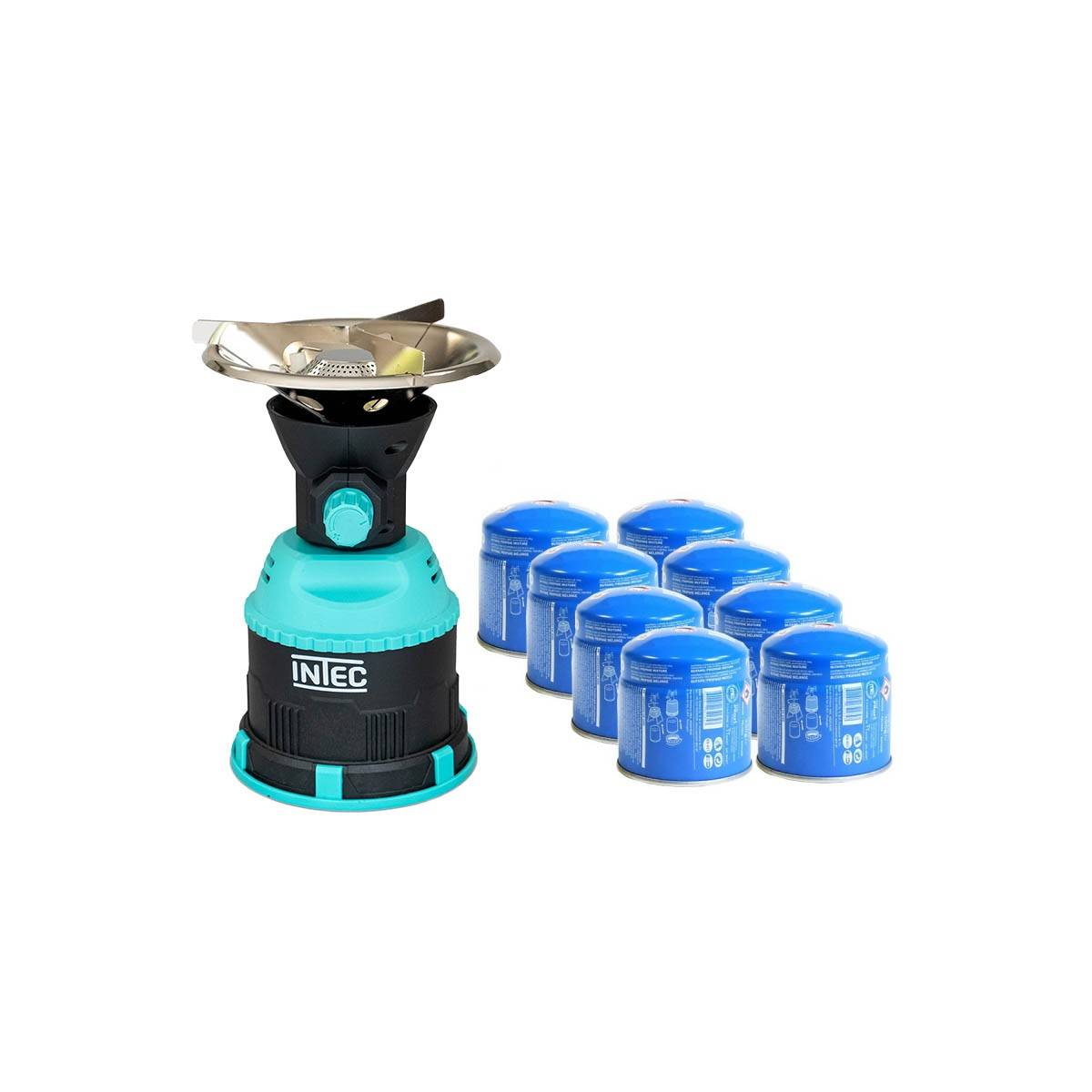 Rechaud gaz 1200W piezo Coque ABS + 8 Cartouches gaz 190 gr INTEC - Imagen 1