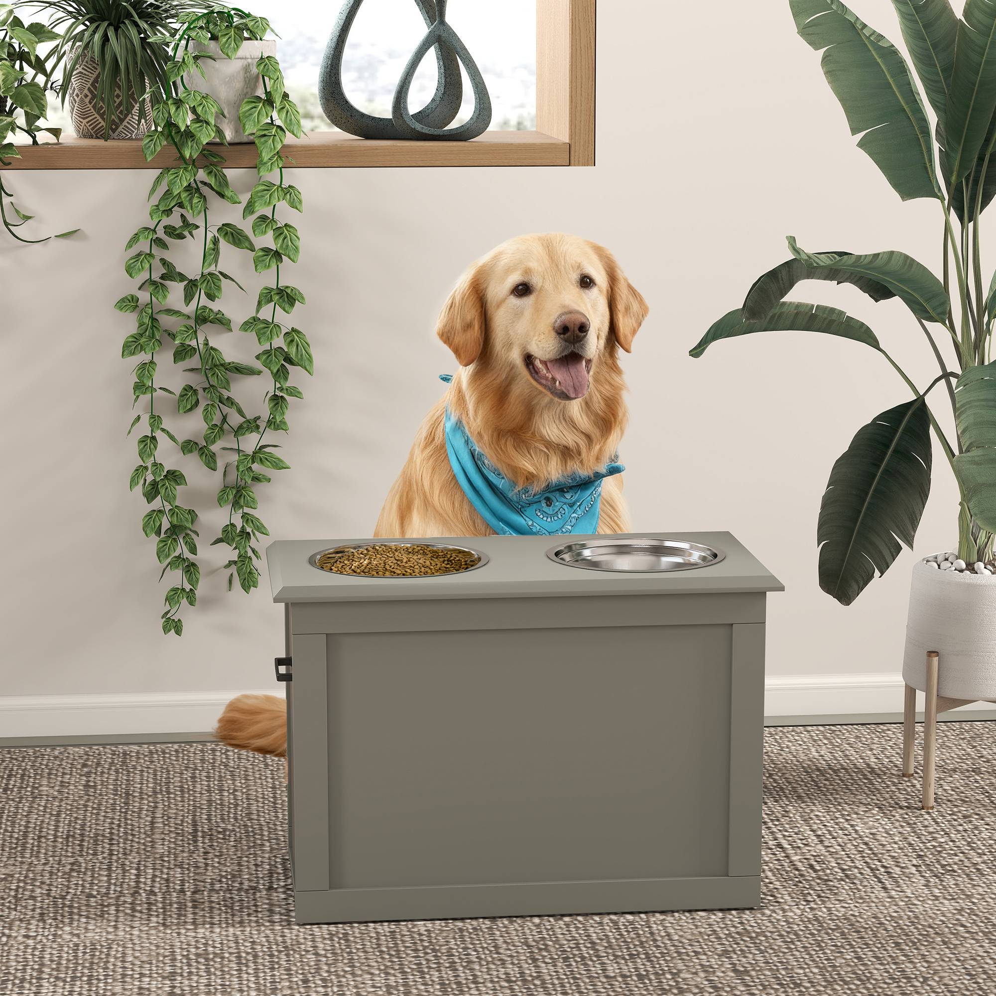 ComfortXL - Porte-gamelles surélevé bois pour grands chiens coffre rangement 60x30x41cm gris - ComfortXL Outdoor Living - Image 4