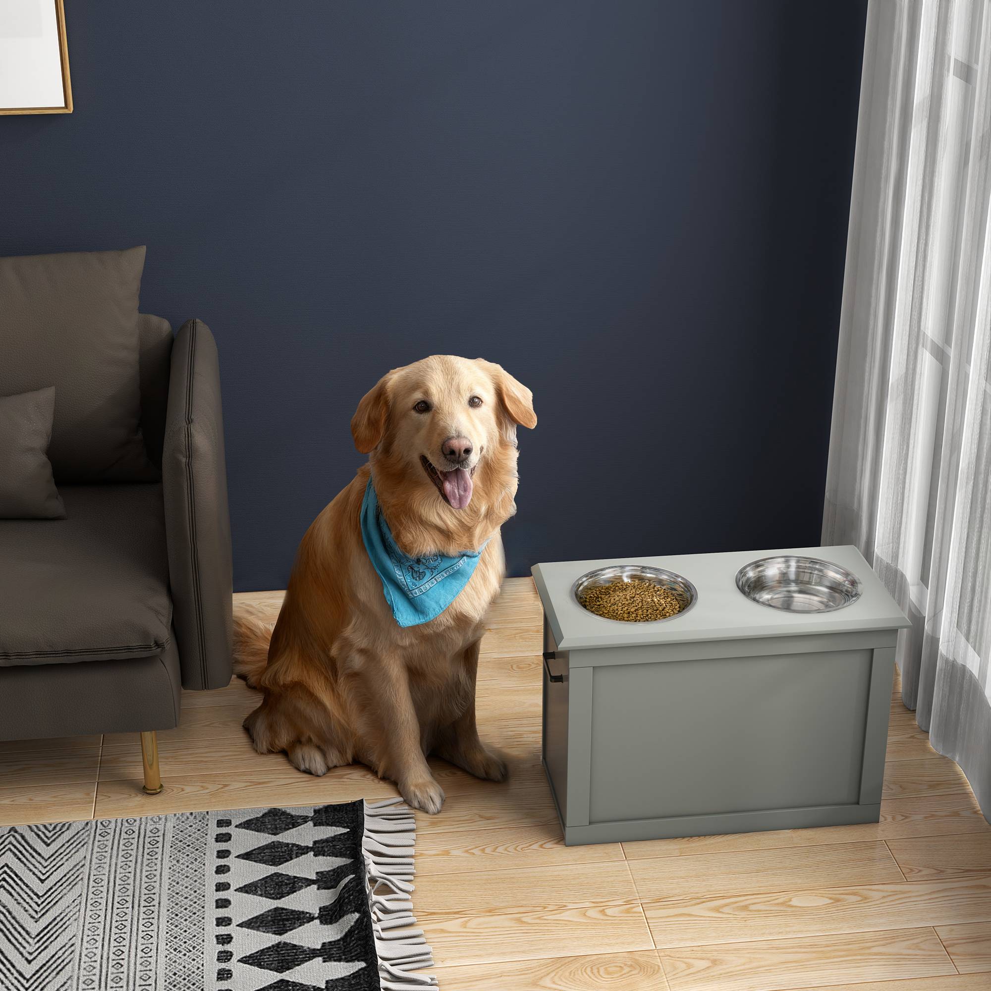 ComfortXL - Porte-gamelles surélevé bois pour grands chiens coffre rangement 60x30x41cm gris - ComfortXL Outdoor Living - Image 3