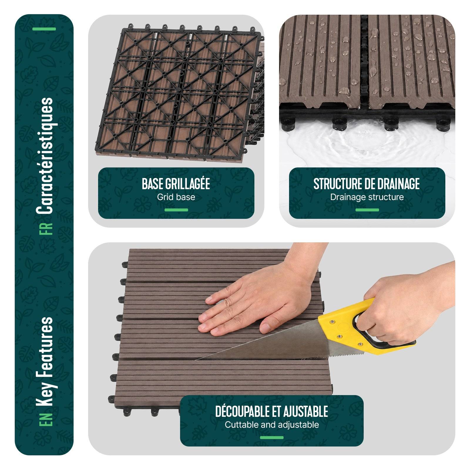 Vounot - Lot de 16 Dalles clipsables extérieur 30x30 cm - WPC - Caillebotis de terrasse antidérapant et drainant - Marron - VOUNOT® - Image 6