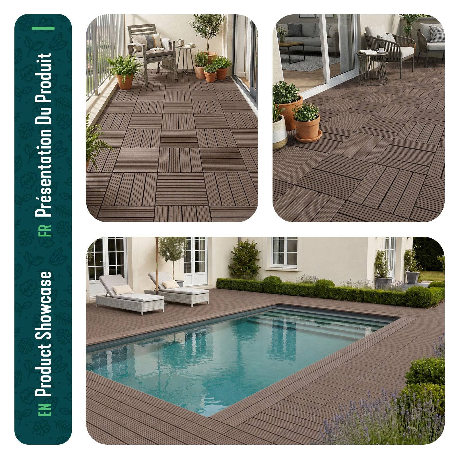 Vounot - Lot de 16 Dalles clipsables extérieur 30x30 cm - WPC - Caillebotis de terrasse antidérapant et drainant - Marron - VOUNOT® - Image 7