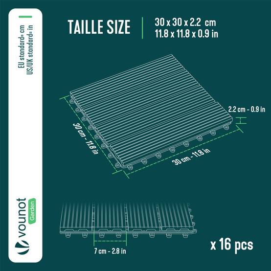 Vounot - Lot de 16 Dalles clipsables extérieur 30x30 cm - WPC - Caillebotis de terrasse antidérapant et drainant - Marron - VOUNOT® - Image 3